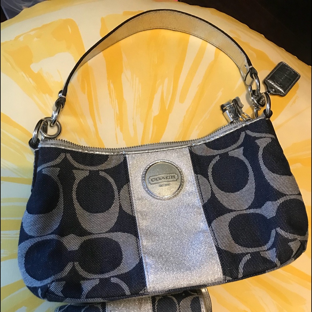 Coach denim and silver purse and wallet